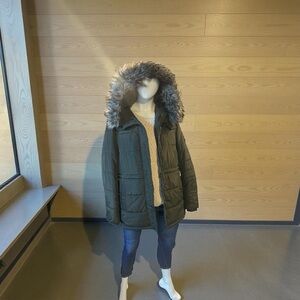 Lucky Brand Dark Green Puffer Jacket with Fur Hood